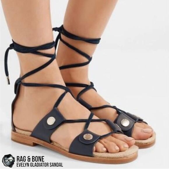 RAG AND BONE EVELYN LACE UP LEATHER GLADIATOR SANDAL IN NAVY BLUE WOMEN SIZE 11 - Picture 1 of 16